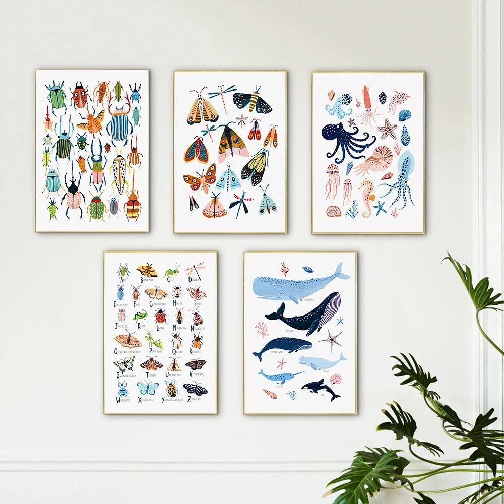 Насекомое Алфавит Wall Art Холст Картина Жук Бабочка Моль Кит Плакаты и принты Скандинавские картины Детская комната Декор Без рамки