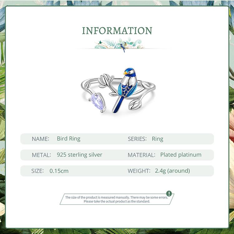 BAMOER 925 Sterling Silver Exqusite Blue Bird Ring for Women Fine Jewelry Dainty Leaf Open Ring Fashion Wedding Gift
