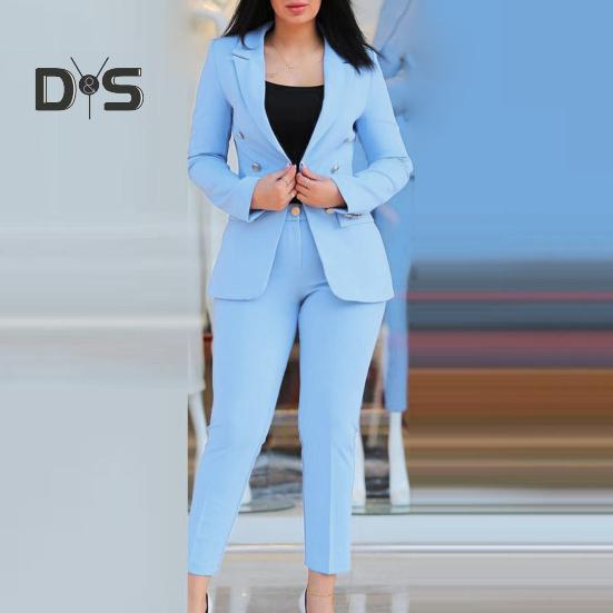 2 Pcs/Set Women Coat Pants Suit Double-breasted Long Sleeve Cadigan Lapel Jacket High Waist Button Zipper Closure Slim Fit Pants Lady OL Commute