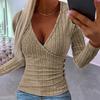Женские осенние однотонные топы с глубоким v-образным вырезом и длинными рукавами, элегантные облегающие пуловеры с декором на пуговицах, топы в рубчик