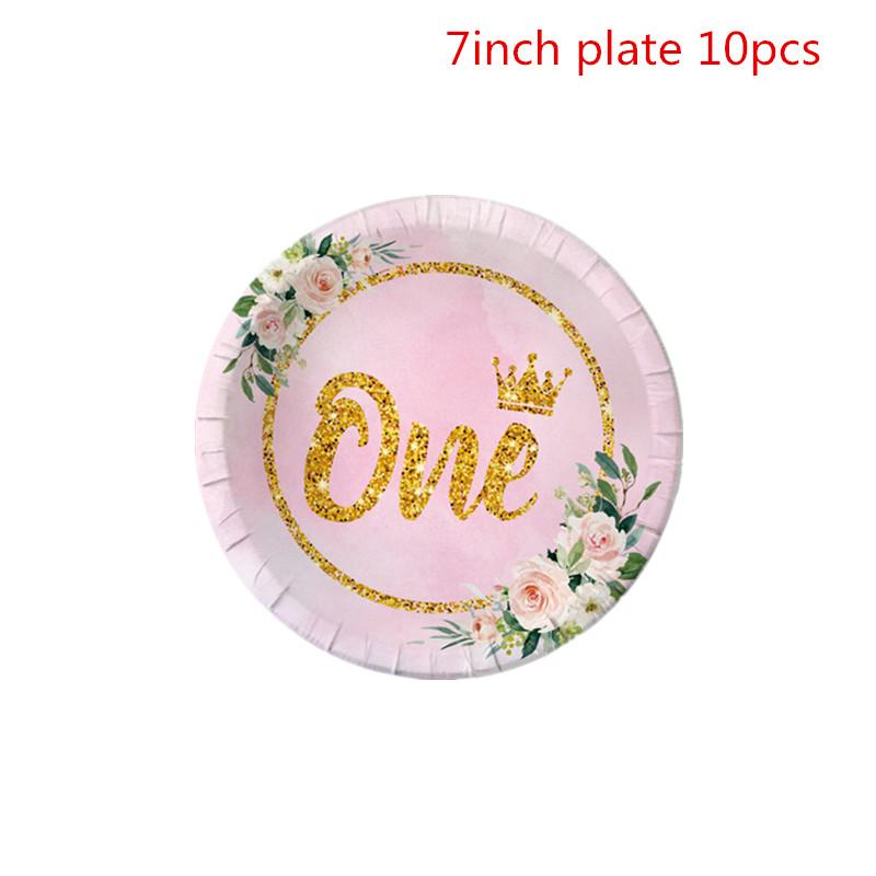 One First Happy Birthday Party Decorations Pink Flower Crown Disposable Tableware Baby Shower 1 Year Old Birthday Party Supplies