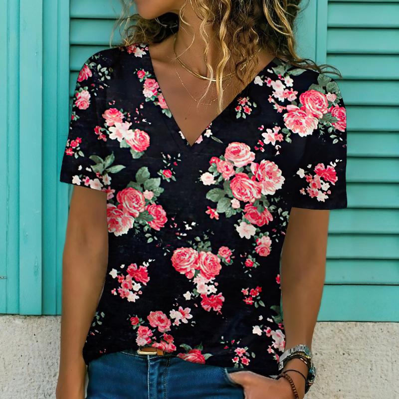 Новинка 2024 года, женская футболка с цветочным принтом, топ больших размеров, женская трендовая одежда, модная рубашка с коротким рукавом, большая блузка с v-образным вырезом