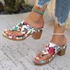 2025 Summer New Women's Sandals Large Size Color Block Women's Wedge Open Toe Shoes Fashion Buckle Printed Beach Flip Flops