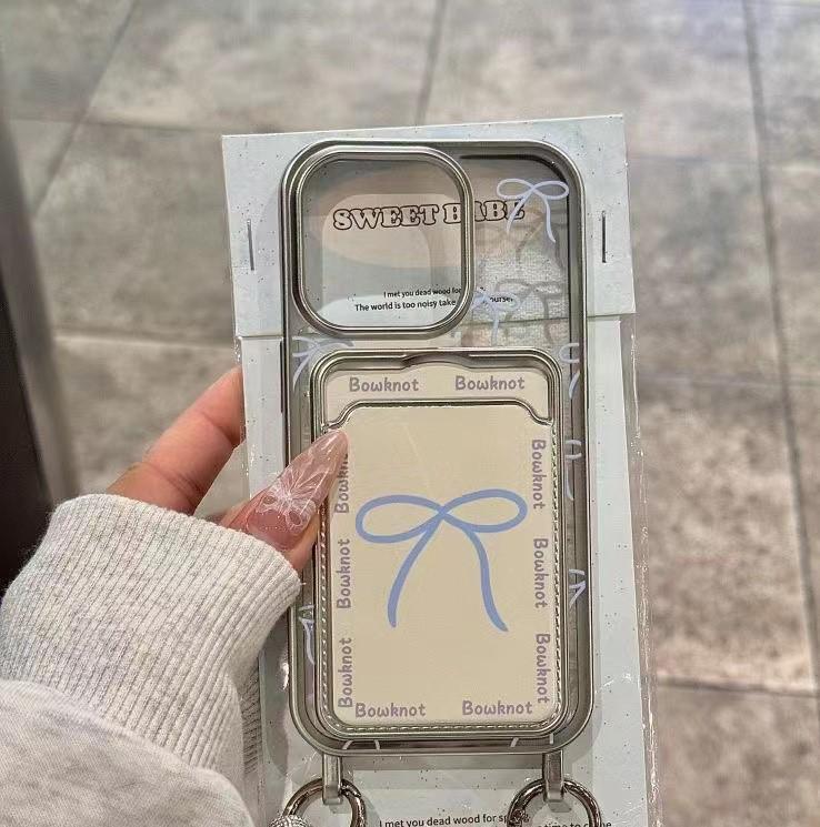 Стильный чехол-картхолдер с бантом и ремешком на руку для iPhone 11/12/13/14ProMax