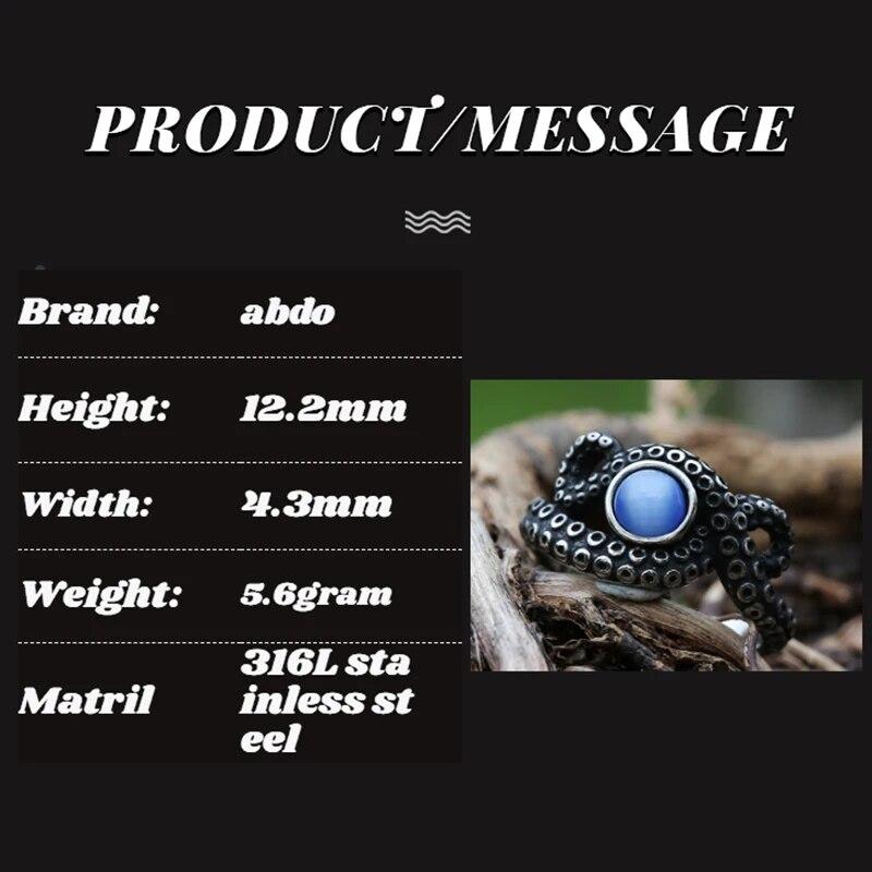2022 Готическая мода для мужчин Anels Ретро из нержавеющей стали Винтажное кольцо с осьминогом и камнем кошачий глаз Модные аксессуары Подарок для пары