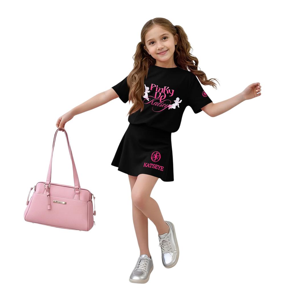 Girls Casual Two Piece Set Loose Fit Short Sleeve Crew Neck Top with Printed Design and Matching Skirt Comfortable Summer Outfit