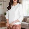 Women Casual Round Neck Solid Color 3/4 Sleeve Blouse