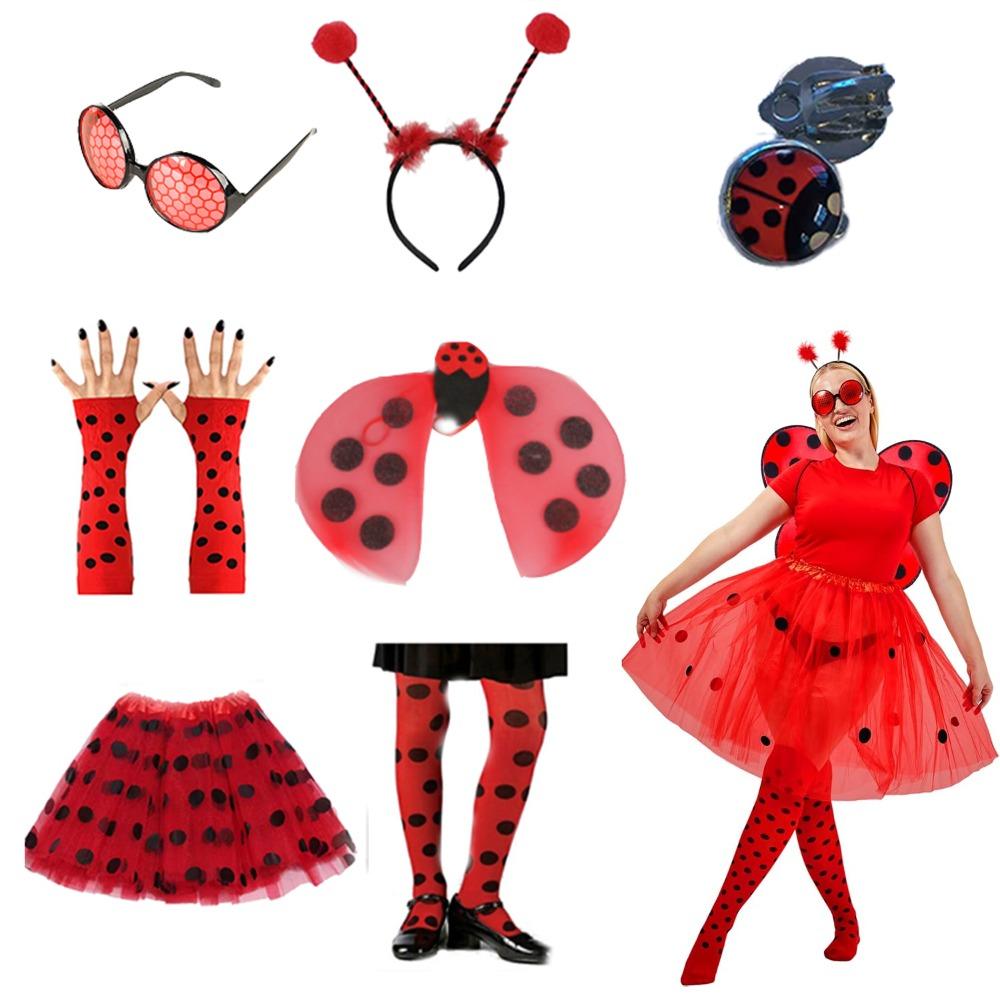 PESENAR Ladybug Costume Accessories Tutu Skirt Ladybug Wings Antenna Headband Striped Knee Thigh High Socks Party Favor