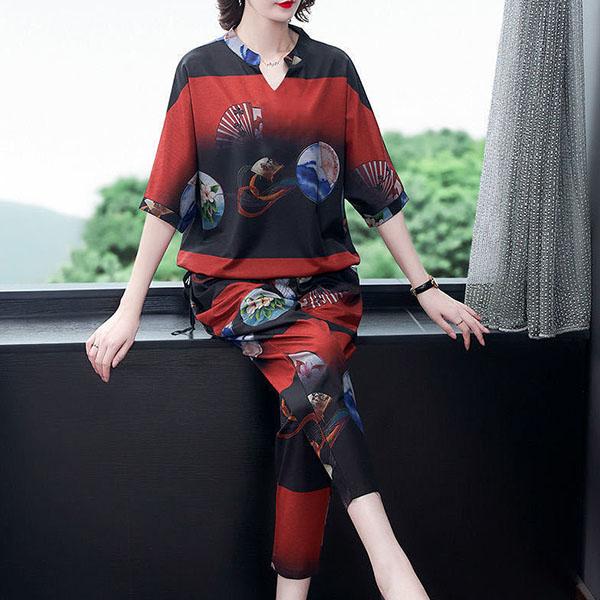M-4XL топ с короткими рукавами, укороченные брюки, свободный повседневный комплект из двух предметов, женский весенне-летний костюм больших размеров с принтом
