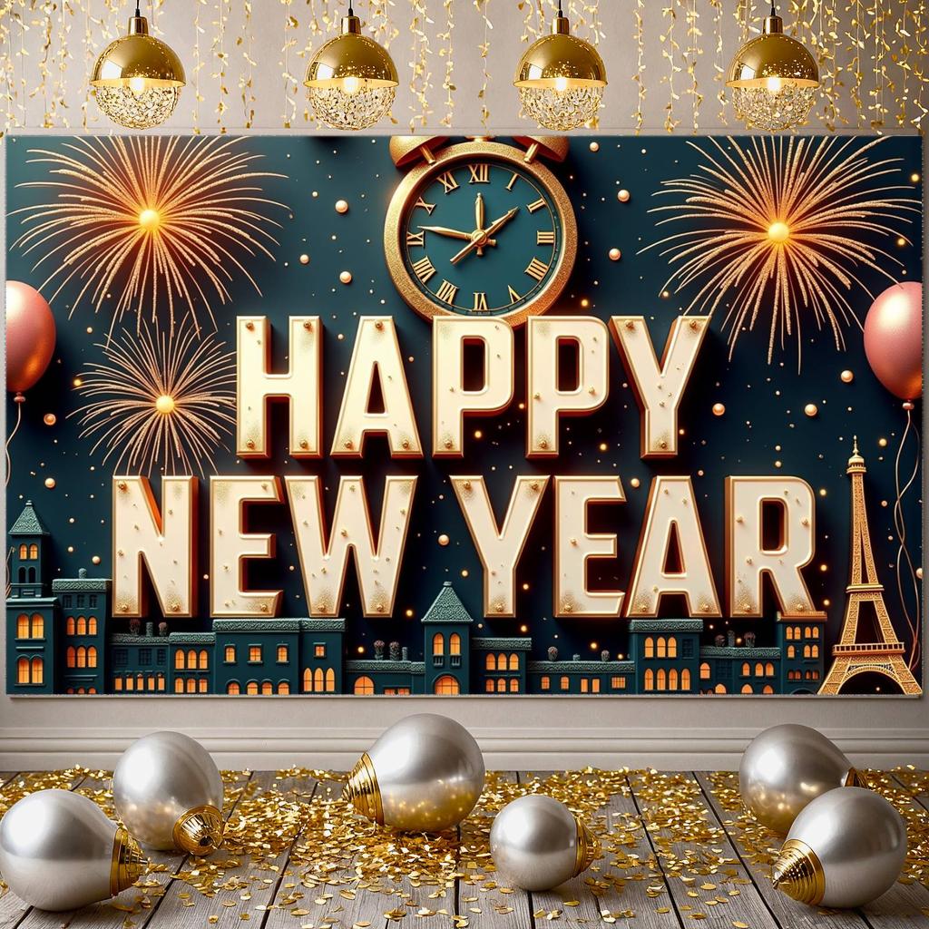 Happy New Year Banner Decorative Elements New Year Decor Event Banner Dark Blue Background Party Backdrop For Festival Public