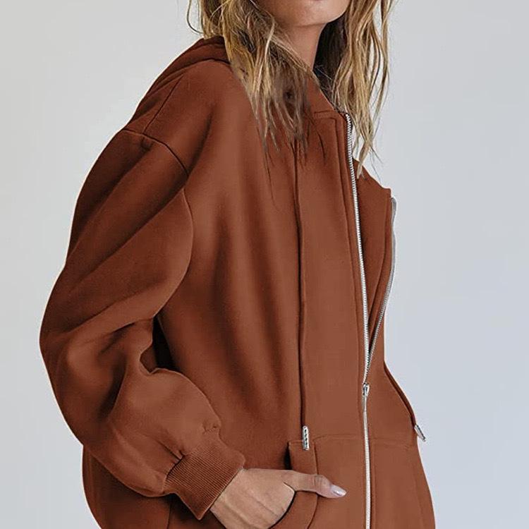 2023 Модная женская однотонная куртка-кардиган с капюшоном на молнии и карманами