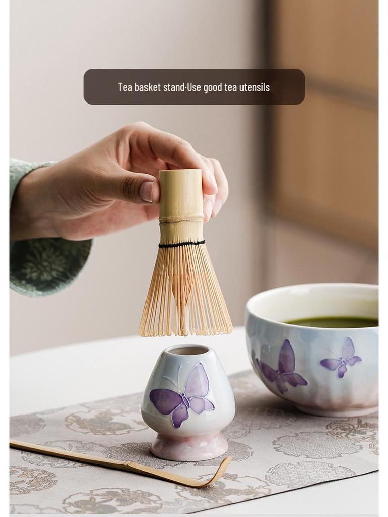 Handmade Japanese Cherry Blossom Matcha Bowl with Whisking Tool, Imitation Song Dynasty Tea Stirrer, and Hyakuhon-date Chasen Stand