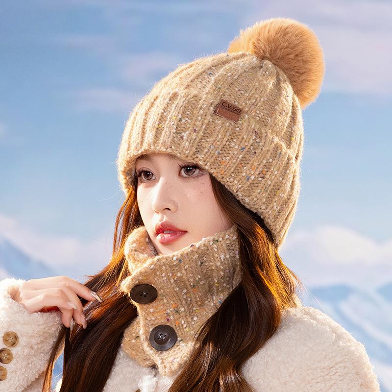 Winter Women Knitted Hat Scarf Set Thickened Fleece Lining Skullcap Outdoor Cycling Warm Wind Protection Beanies