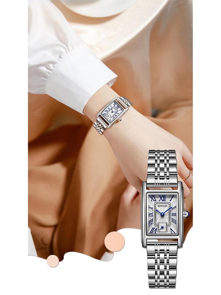 Стильные квадратные часы Sanda из стали и кожи, кварцевые, с римскими цифрами, водонепроницаемый дизайн для женщин