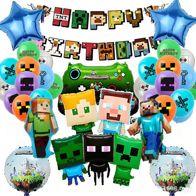Шары и флажки для вечеринки в стиле Pixel Creeper и Roblox