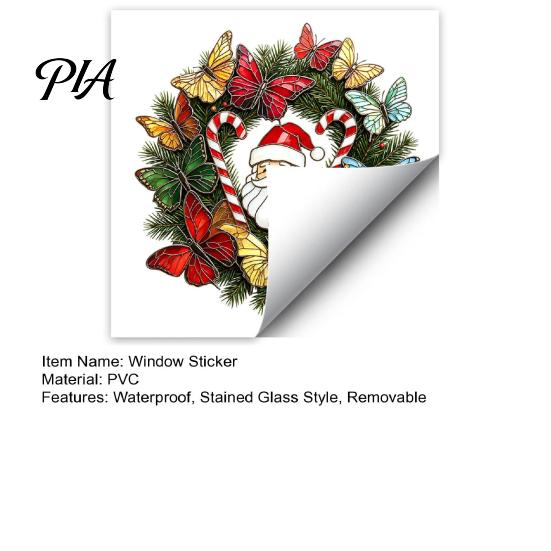 Holiday Glass Stickers Christmas Wreath Window Sticker, Stained Style, Removable Santa Butterfly Candy Waterproof PVC Static Clings Cane Decal, Cling