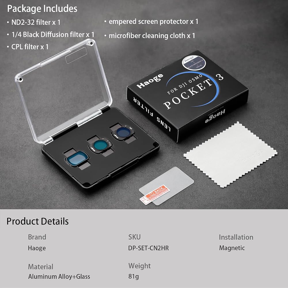 Haoge Magnetic Filter Set for DJI Osmo Pocket 3 & 4, CPL, ND2-32, 1/4 Black Diffusion, Screen Protector, Multi-Coated Optical Glass, Filter Kit, Vlog