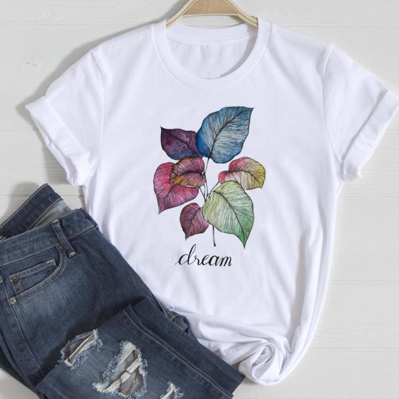 (Asian Size) Women Lovely Style Flower Floral Trend Print Tee Top Clothing Fashion Tshirt Lady Female Casual Short Sleeve Graphic T-shirt