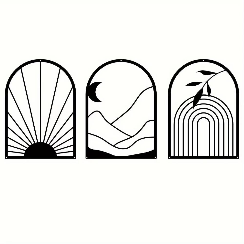 3 шт./комплект Бохо черный металлический настенный декор - минималистичное черное настенное искусство, бохо линейный железный художественный силуэт настенная наклейка