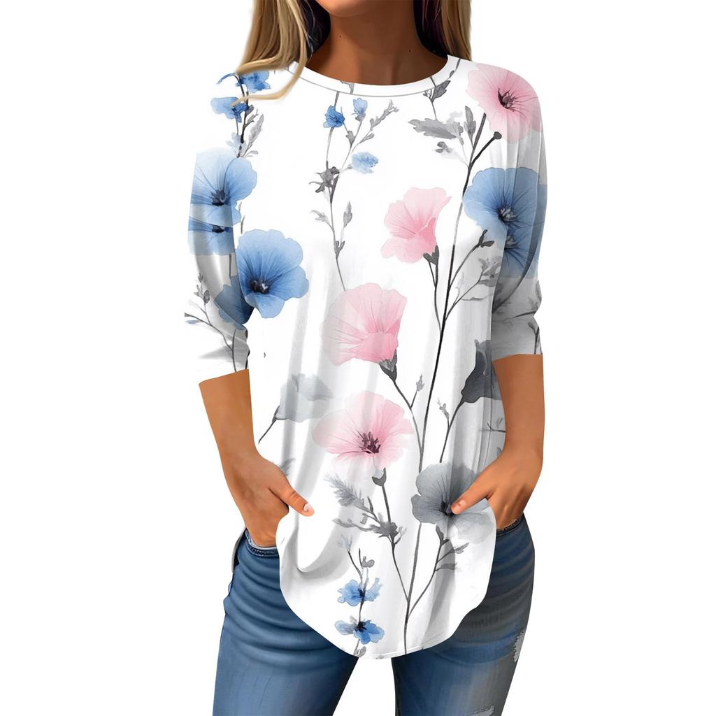 Рубашки с рукавом 3/4 для женщин, милые топы, футболки с рисунком, блузки, повседневные базовые топы больших размеров, пуловеры