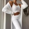 Sexy V-neck Plush Short Sleeveless Vest Waist Exposed Pants Long Coat 3-piece Set Autumn Winter Women's