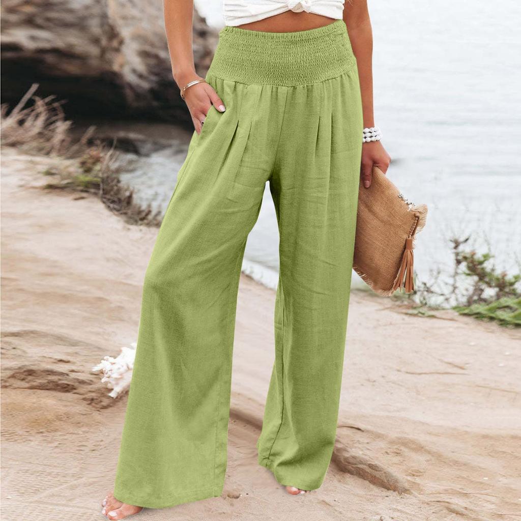 High Waisted Pants For Women Stretchy Wide Leg Palazzo Pants Casual Comfy Beach Pants Trousers