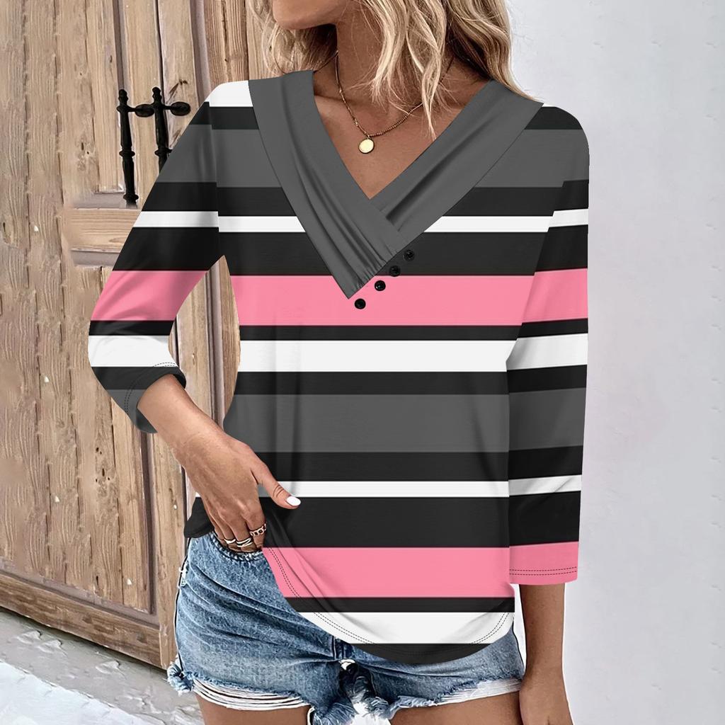 Womens 3/4 Sleeve Daily Weekend V Neck Casual Printed Tshirts Loose Fit Pleated Tees Ladies Blouse