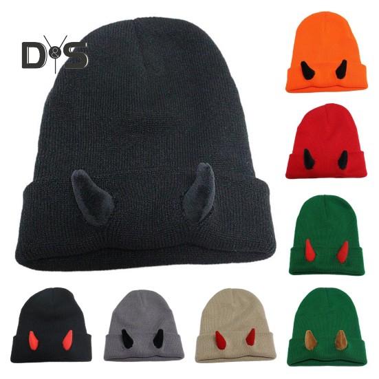 Вязаная шапка-бини с рогами дьявола, зимняя шапка-череп для мужчин и женщин с рогами для катания на лыжах в холодную погоду, теплая вязаная шапка ручной работы с рогами демона