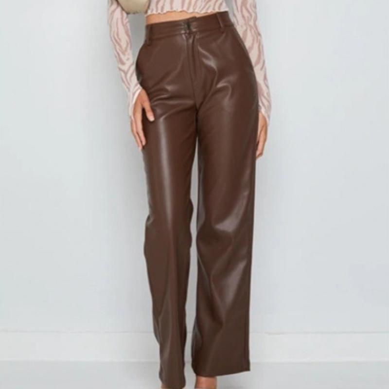 Women Solid Fashion Faux Leather Pants Slim Casual Trousers