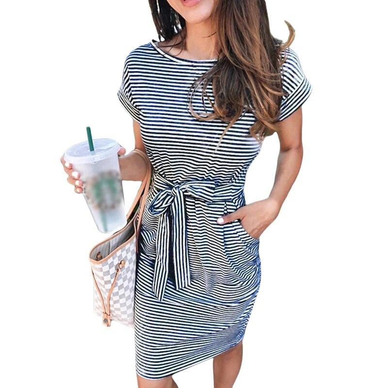 Женское летнее полосатое платье-футболка с короткими рукавами, повседневное платье с завязкой на талии и карманами