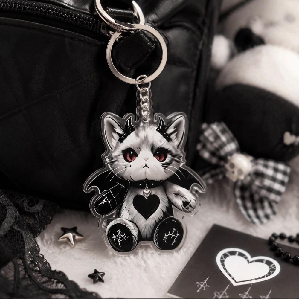 Halloween Gothic Cat Keychain Acrylic Kitten Pendant Creative Wounded Cat Keychain  Bag Decoration