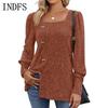 INDFS Женская мода Повседневный Однотонный Принт Весна Осень Длинный Рукав Квадратный Вырез Пуловеры и Длинные Рукава
