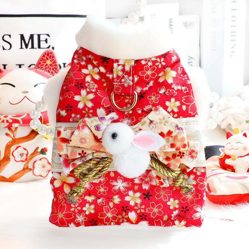 Dog Skirt Cat Princess Romantic Cherry Blossom Kimono Cotton-padded Small Dog Teddy Pet Clothes