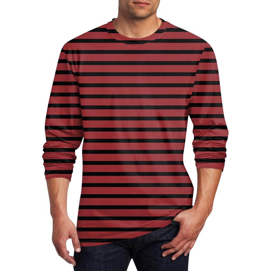 Spring and Autumn Round Neck 3D Printed Striped T-shirts Fashionable Casual Long Sleeved Men's T-shirts