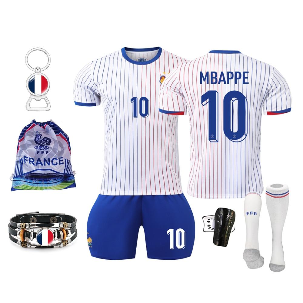 2024 UEFA Euro France Kids Soccer Equipment Set Blue White Jersey Shorts Shin Guards