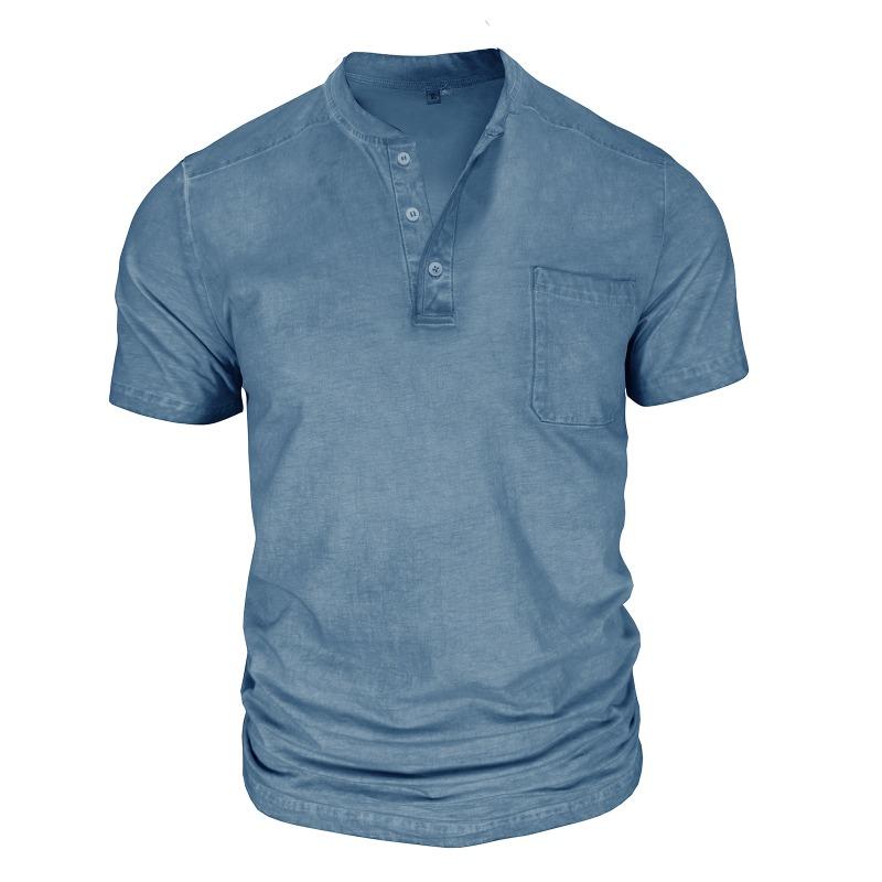 Мужская черная вымытая футболка-henley с коротким рукавом, нагрудным карманом, повседневная