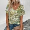 Летняя мода свободный повседневный женский топ с V-образным вырезом зеленый цветочный принт винтажный короткий рукав персонализированная футболка размера плюс