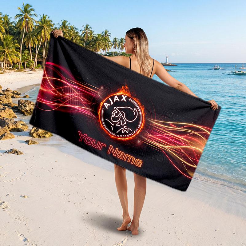 Ajax Amsterdam Custom Beach Towel, Personalized Name Text Print, Football Logo Soft Quick‑Dry Towel Holiday Gift