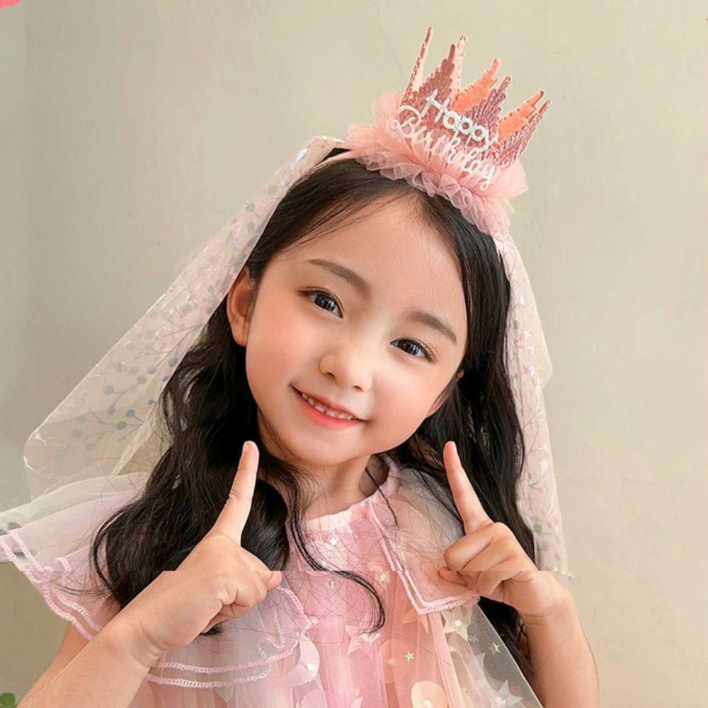 Аксессуары для волос с днем ​​рождения, повязка для волос, головной убор, повязка с короной, милый кружевной сетчатый обруч для волос для девочек