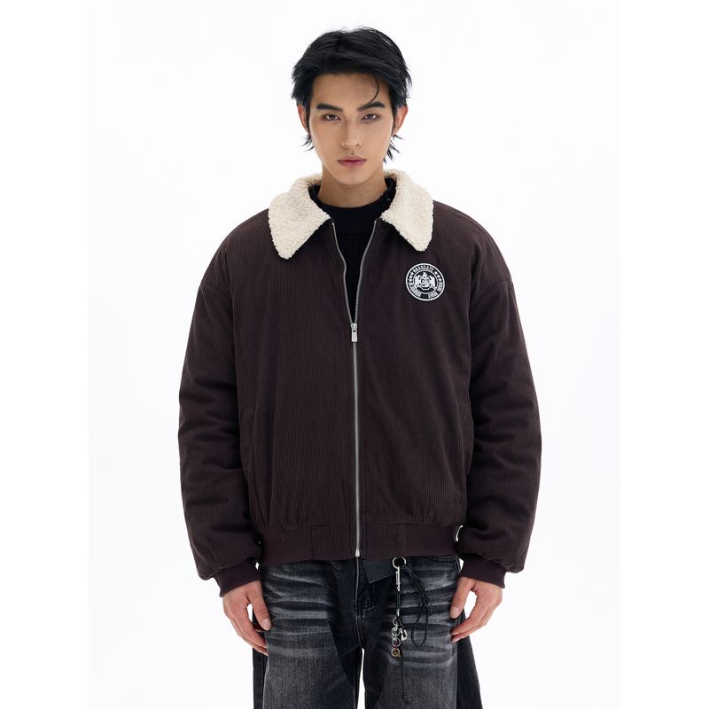 Kisko Winter American-Style Corduroy Warm Fur Collar Brown Cotton Jacket for Men and Women, High-End Loose Padded Coat Trendy