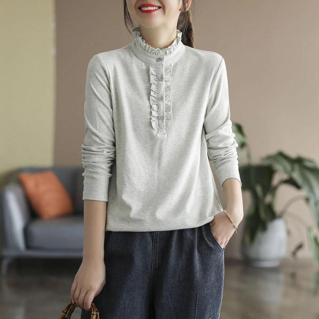 Женский приталенный базовый топ с длинным рукавом из бархата с ретро-рюшами на шее