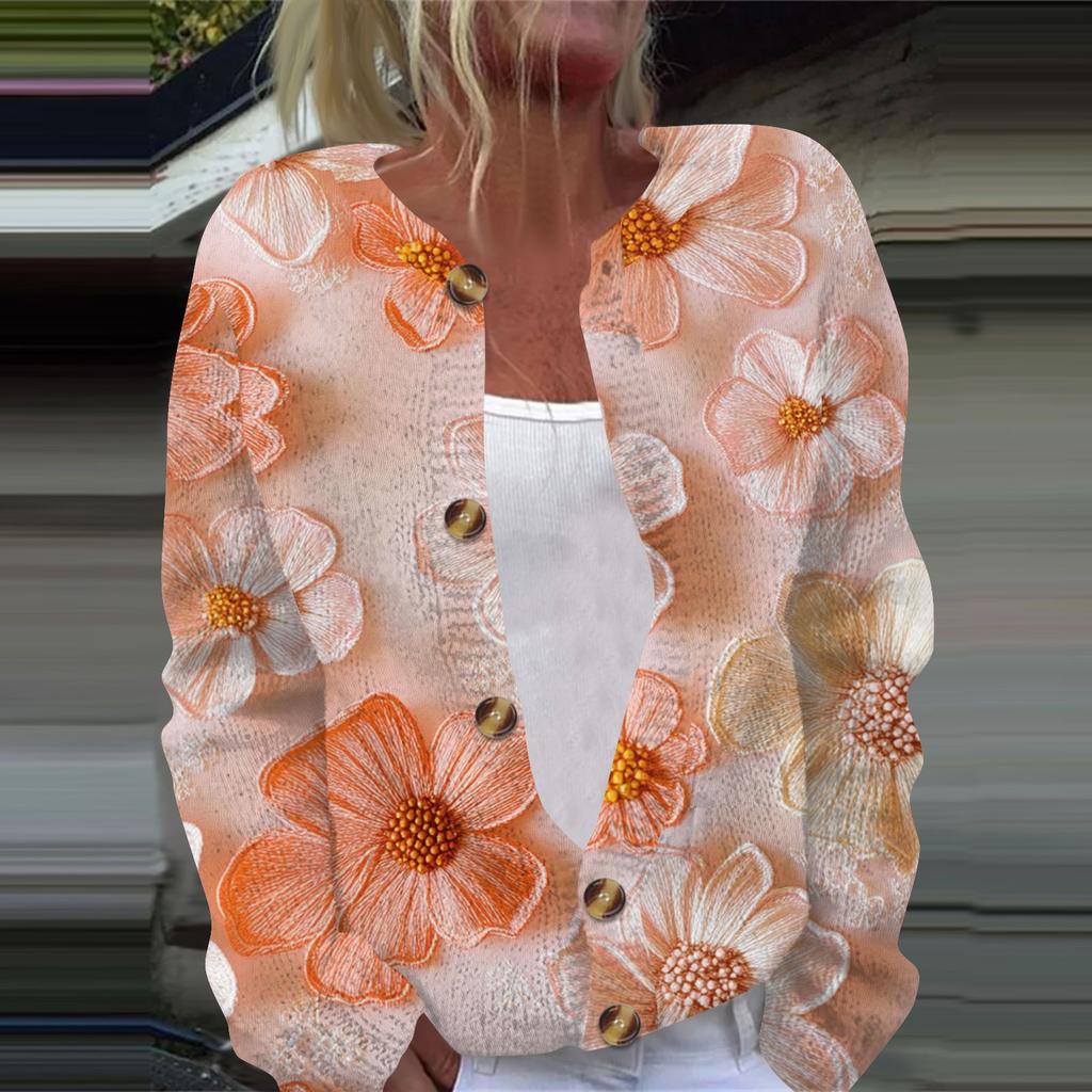 Женская повседневная мода ретро цветочный принт длинный рукав кардиган куртка на пуговицах