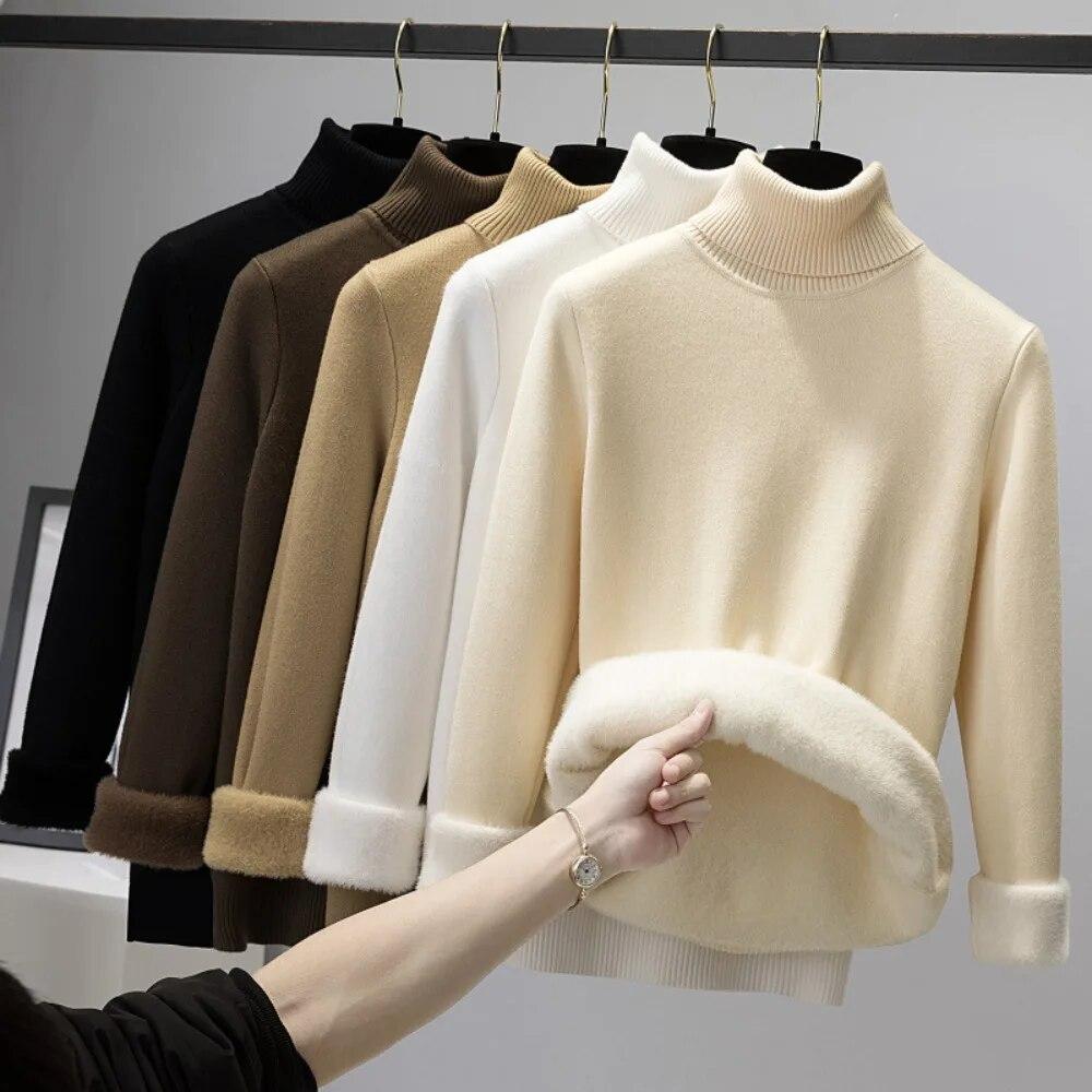 Thicken Velvet Turtleneck Sweater Women Korean Fashion Lined Warm Sueter Knitted Pullover Slim Top Winter Jersey Knitwear 2024