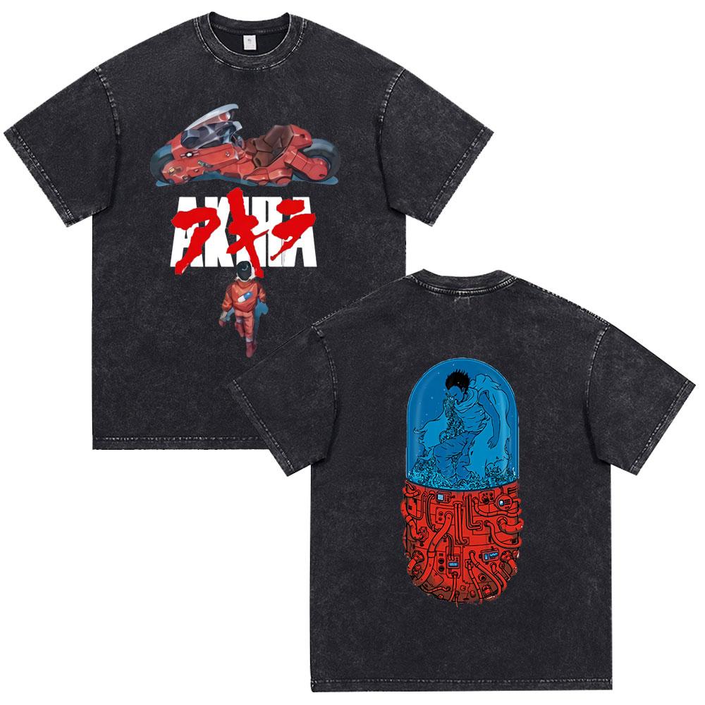 Akira Anime Tshirt Men Vintage Washed Black Oversized Streetwear Cotton Short Sleeve Graphic Tees Unisex Tops