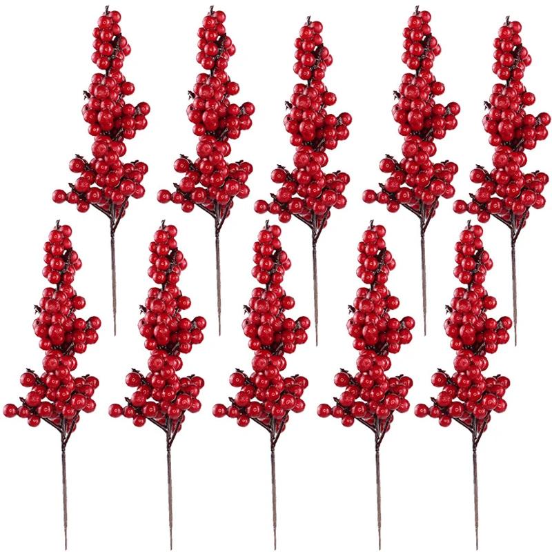 10pcs Christmas Artificial Berries Branches Decor Fake Flowers Plant for Xmas Tree DIY Holiday Wreath Craft Home Party Ornament