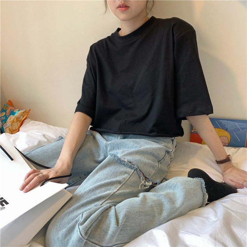 VAYLA Short Sleeve T-shirts Women Solid Cropped Tops Sexy Stylish Harajuku Streetwear Girls Cool Loose All-match Korean Style Casual