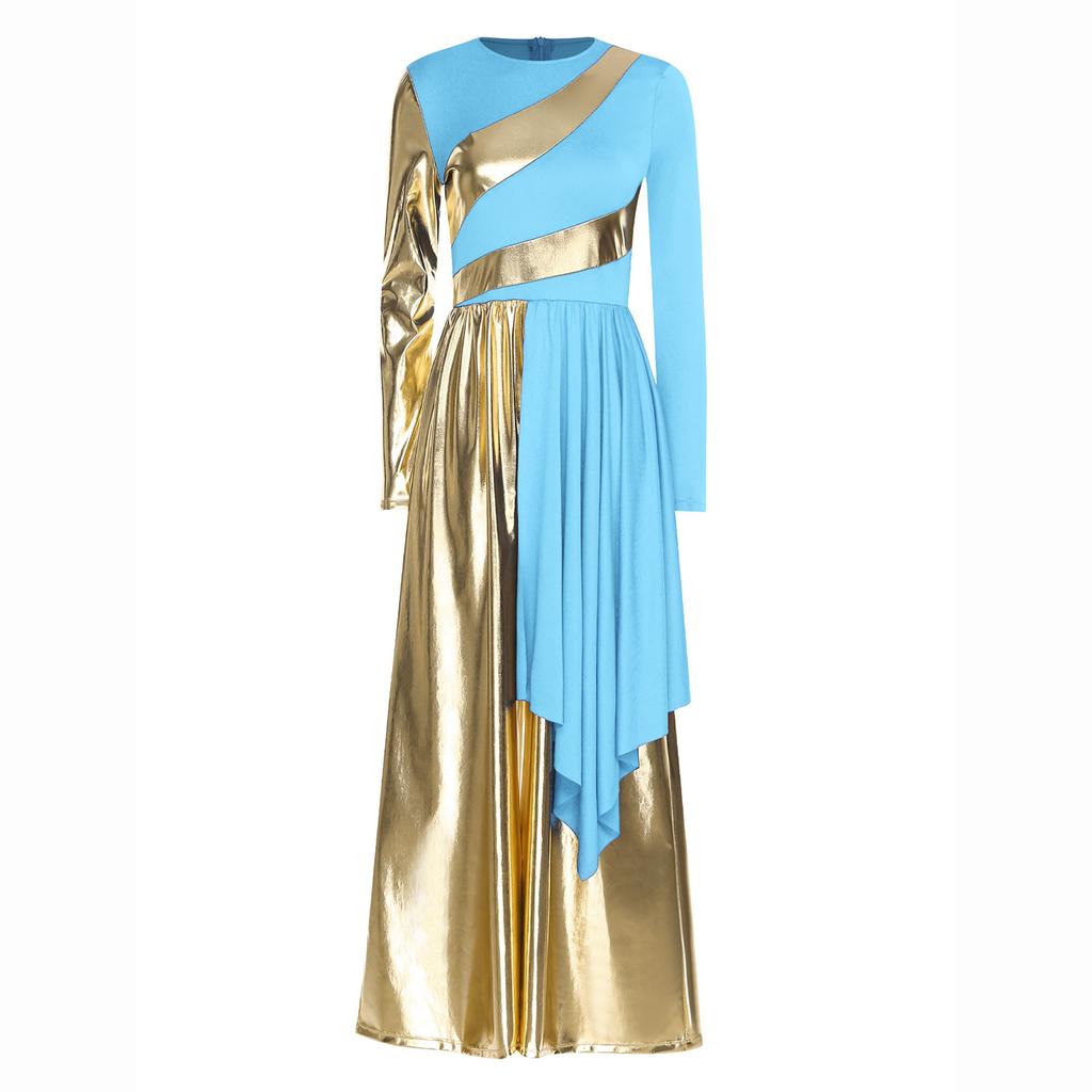Womens Liturgical Dance Jumpsuit Metallic Color Block Patchwork Irregular Drape Wide Leg Choir Performance Costume