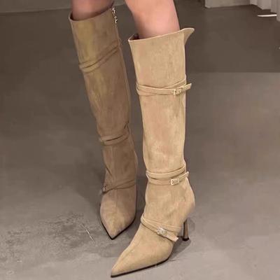 Модная изящная обувь Узкие ботинки Женские тонкие ремешки Заостренный замшевый тонкий каблук Высокие ботинки Но до колена Каблуки Ботинки Женские