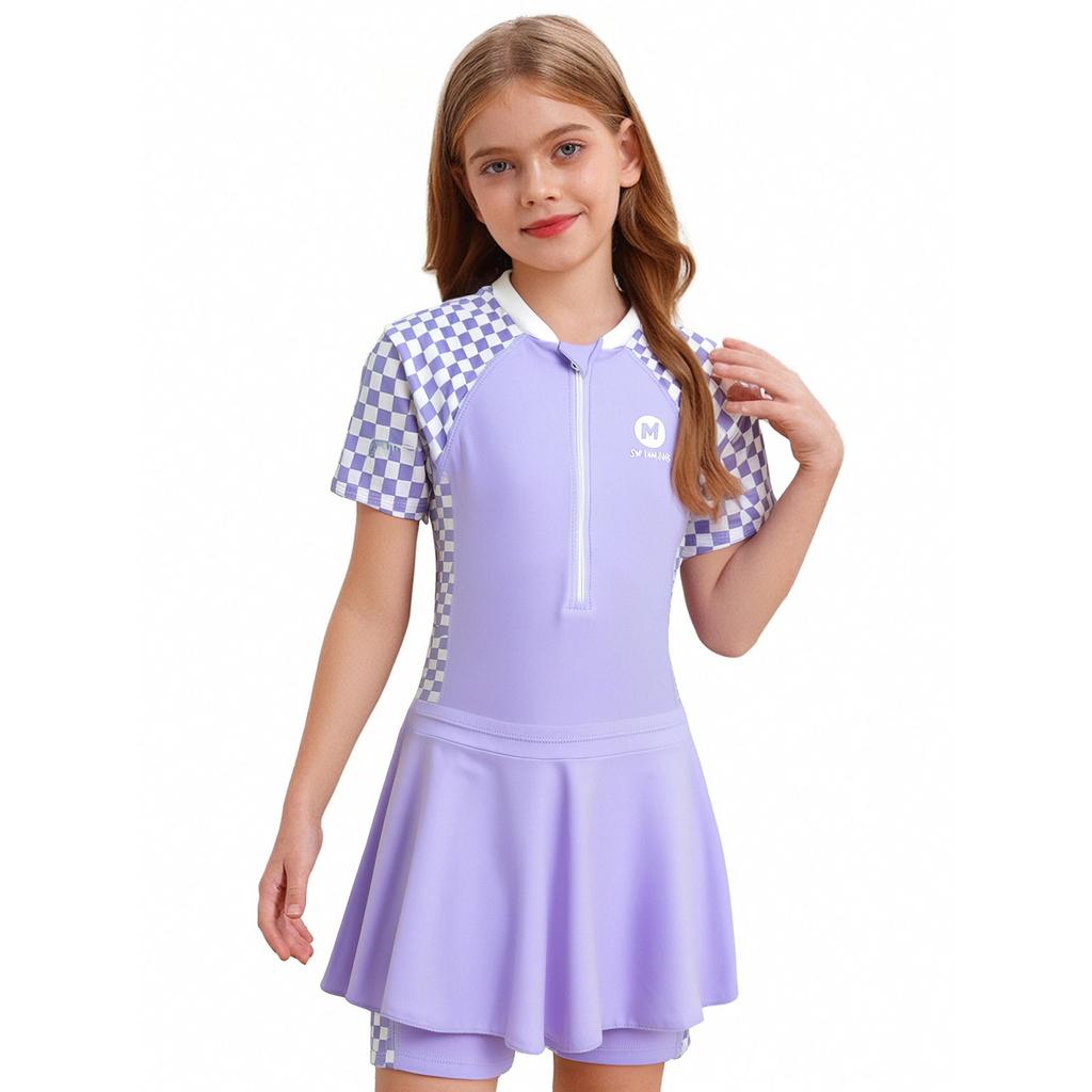Girls 2 Piece Swim Set Boycut Bodysuit Swim Skirt Cover Up UPF 50+ Rashguard Bathing Suit