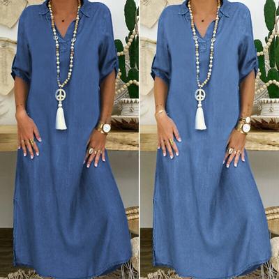 Женское джинсовое платье с V-образным вырезом, свободного кроя, длиной макси, с рукавами три четверти и разрезами по бокам, уличная одежда для повседневной жизни